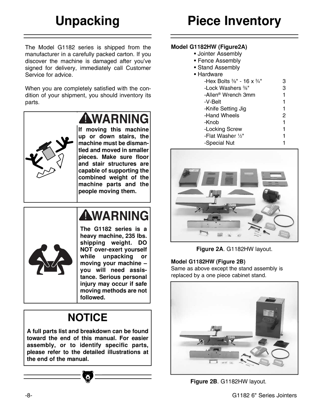 Grizzly G1182HW instruction manual Unpacking, Piece Inventory 