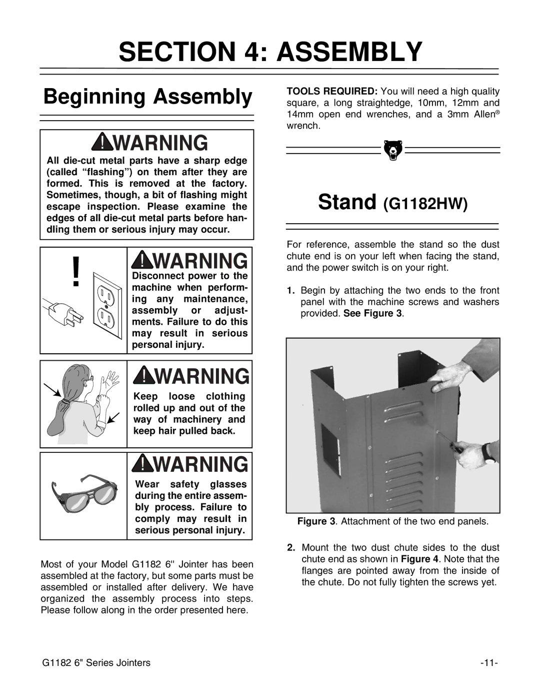 Grizzly G1182HW instruction manual Beginning Assembly 