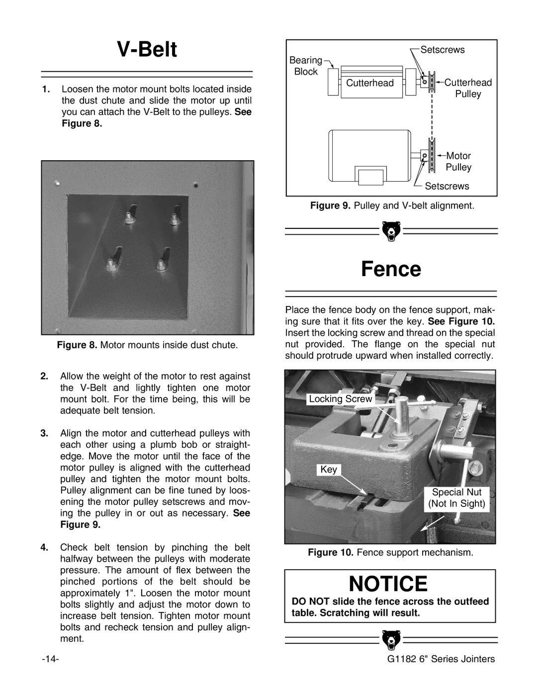 Grizzly G1182HW instruction manual Belt, Fence 