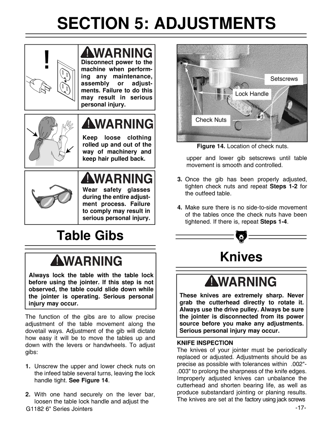 Grizzly G1182HW instruction manual Adjustments, Table Gibs, Knives 