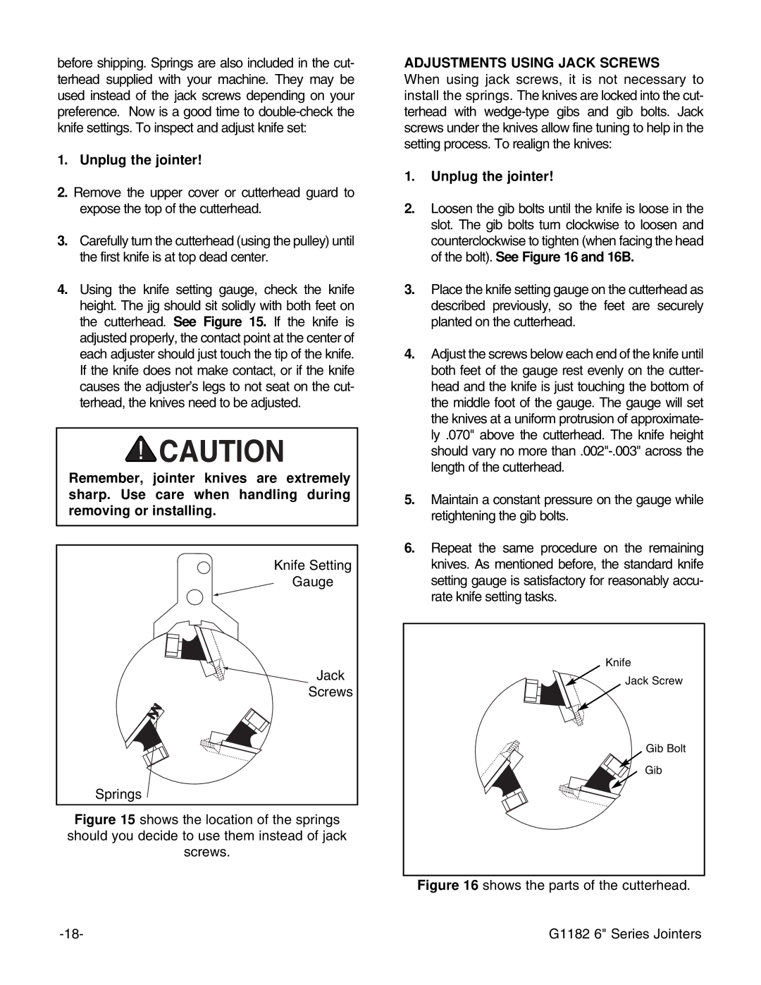 Grizzly G1182HW instruction manual Adjustments Using Jack Screws 