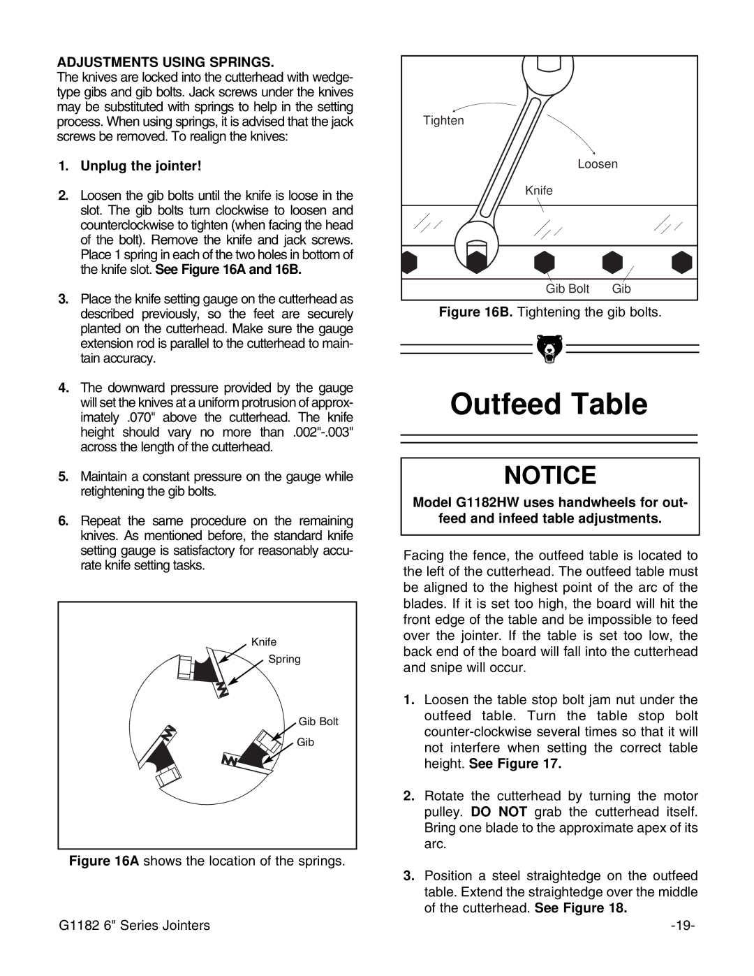 Grizzly G1182HW instruction manual Outfeed Table, Adjustments Using Springs 