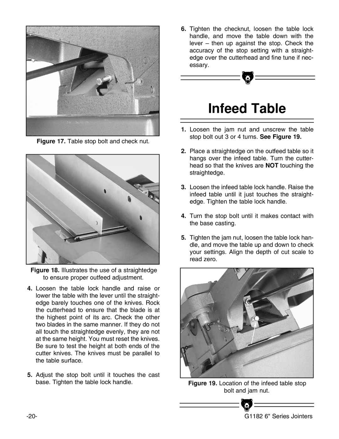 Grizzly G1182HW instruction manual Infeed Table, Table stop bolt and check nut 