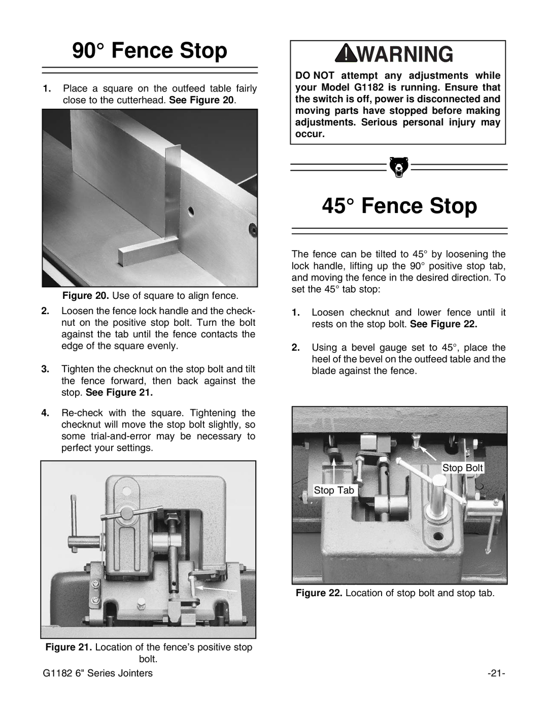 Grizzly G1182HW instruction manual Fence Stop, Location of stop bolt and stop tab 