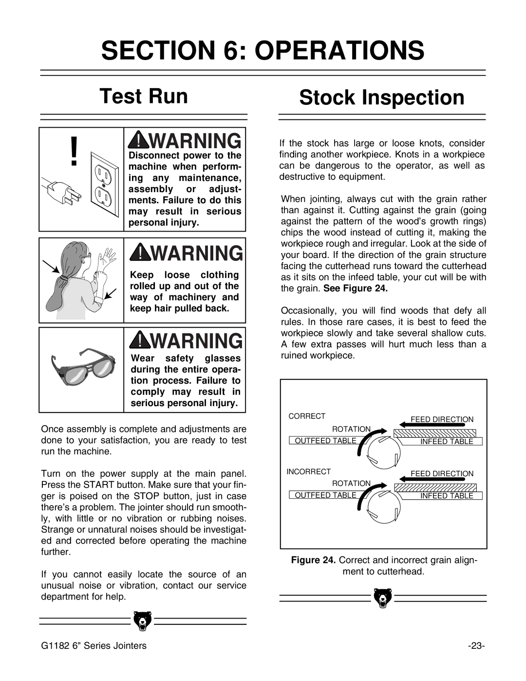 Grizzly G1182HW instruction manual Operations, Test Run Stock Inspection 