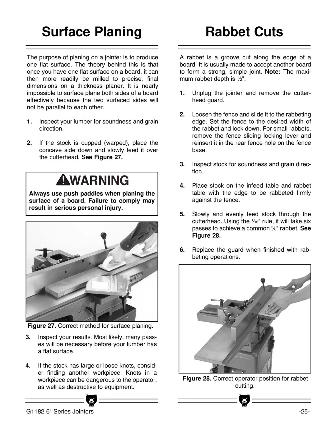 Grizzly G1182HW instruction manual Surface Planing, Rabbet Cuts 