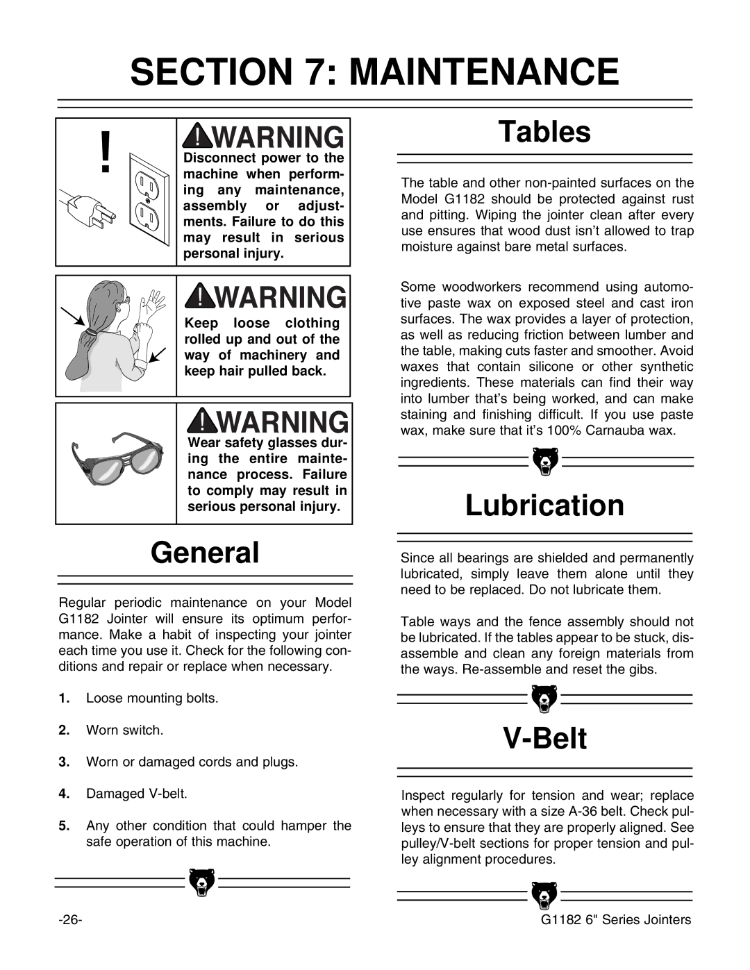 Grizzly G1182HW instruction manual Maintenance, General, Tables, Lubrication 