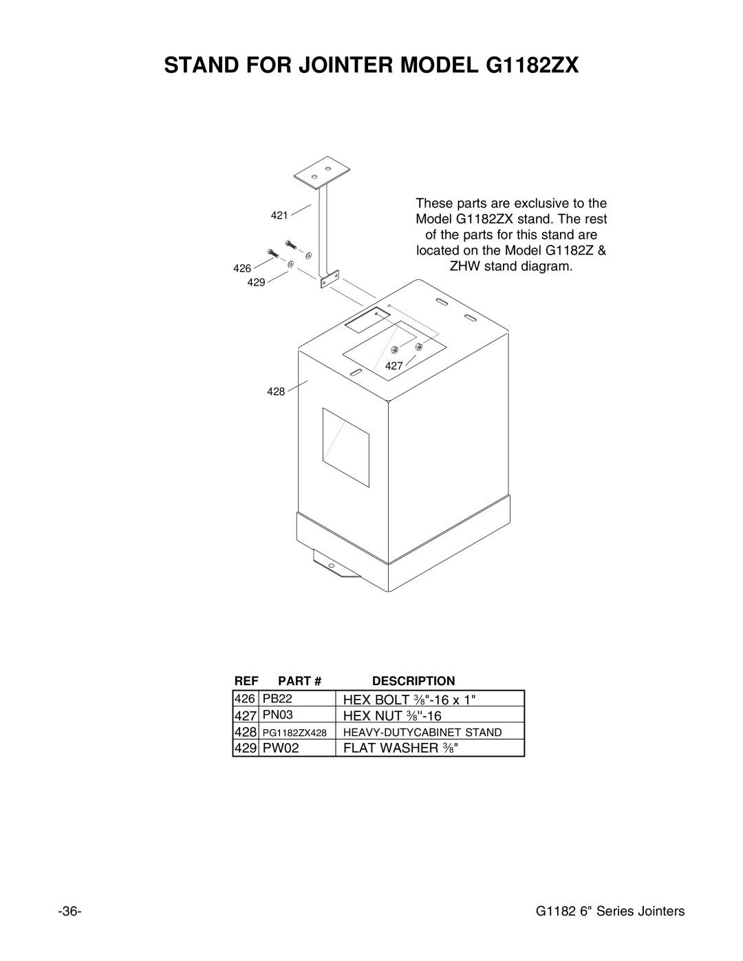 Grizzly G1182HW instruction manual Stand for Jointer Model G1182ZX 