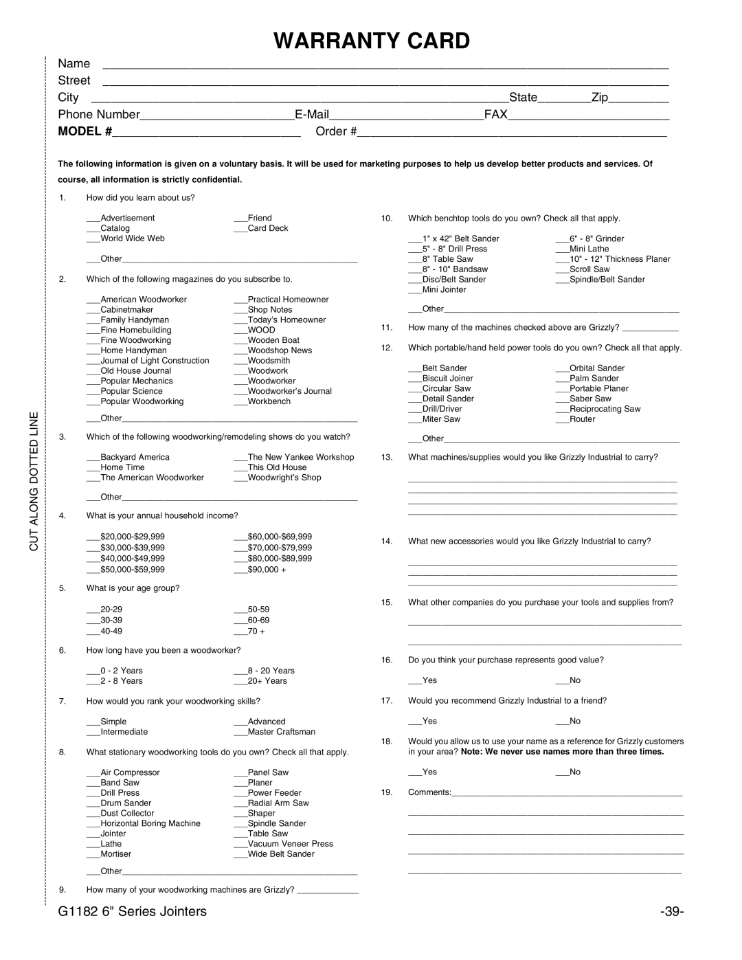 Grizzly G1182HW instruction manual Warranty Card, CUT Along Dotted Line 