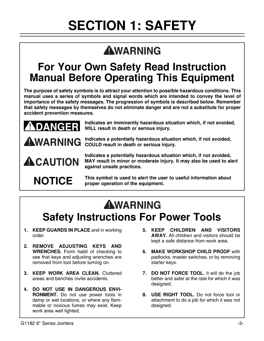 Grizzly G1182HW instruction manual Safety Instructions For Power Tools 