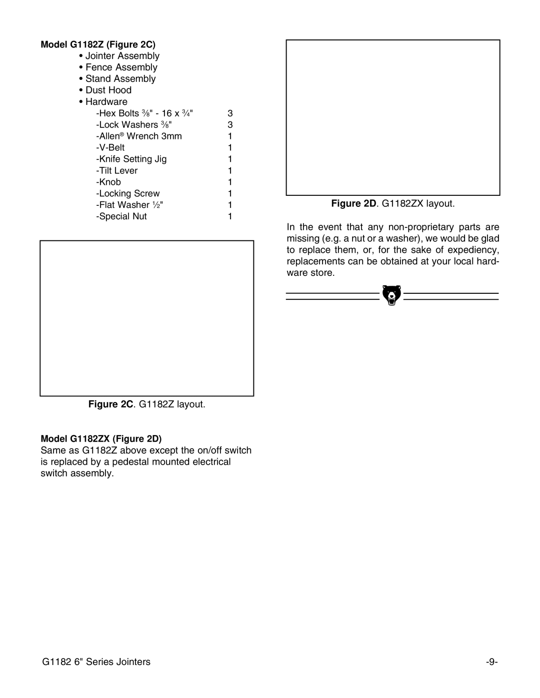 Grizzly G1182ZHW, G1182ZX instruction manual G1182Z layout 