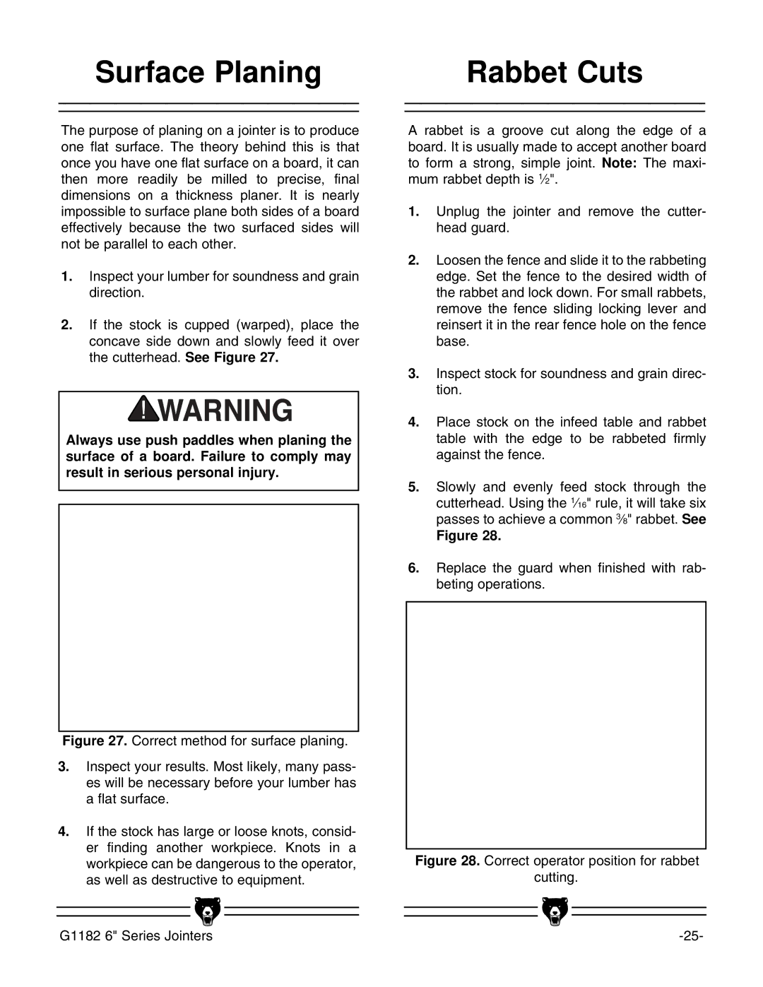 Grizzly G1182ZX, G1182ZHW instruction manual Surface Planing, Rabbet Cuts 