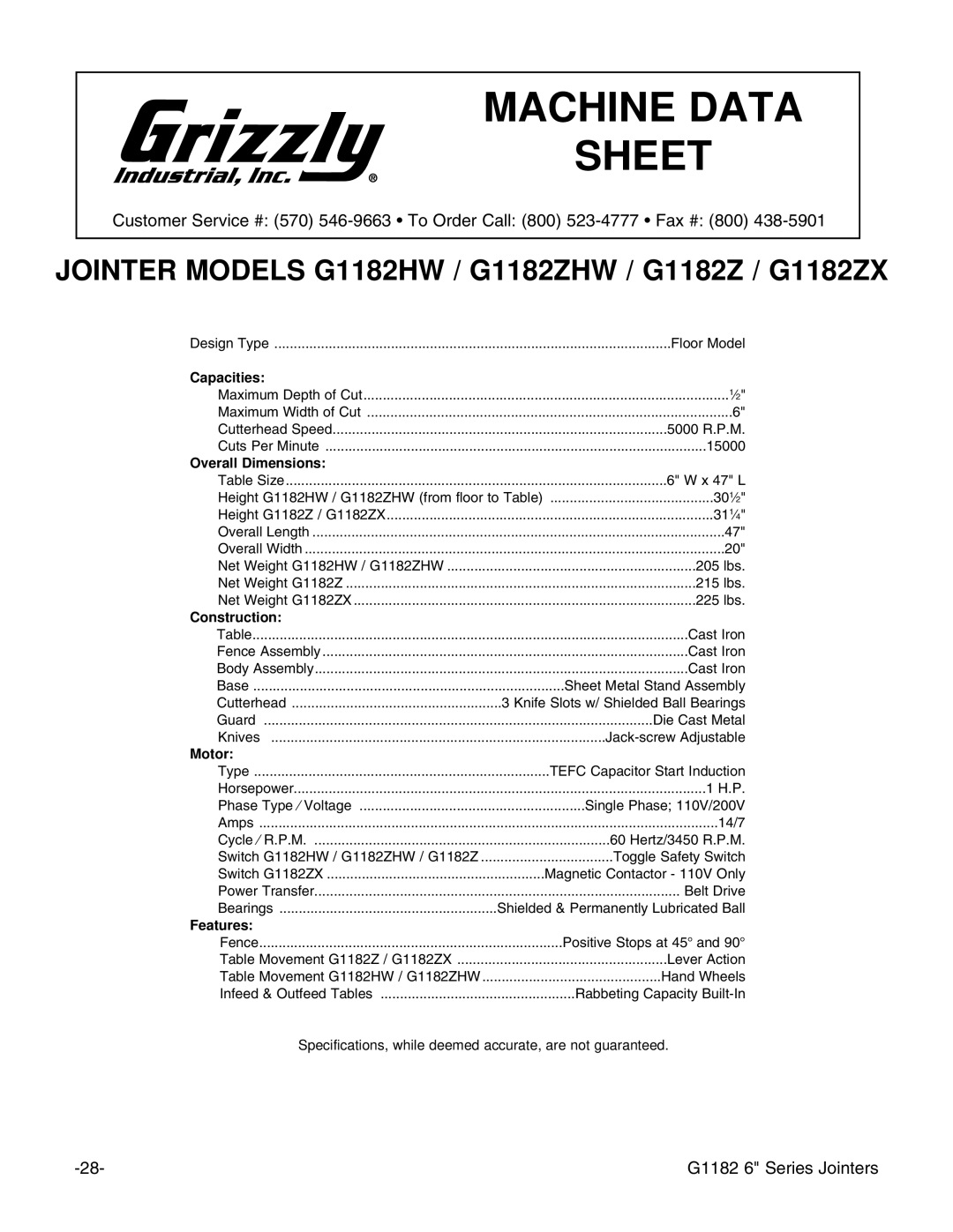 Grizzly G1182ZX, G1182ZHW instruction manual Machine Data Sheet 