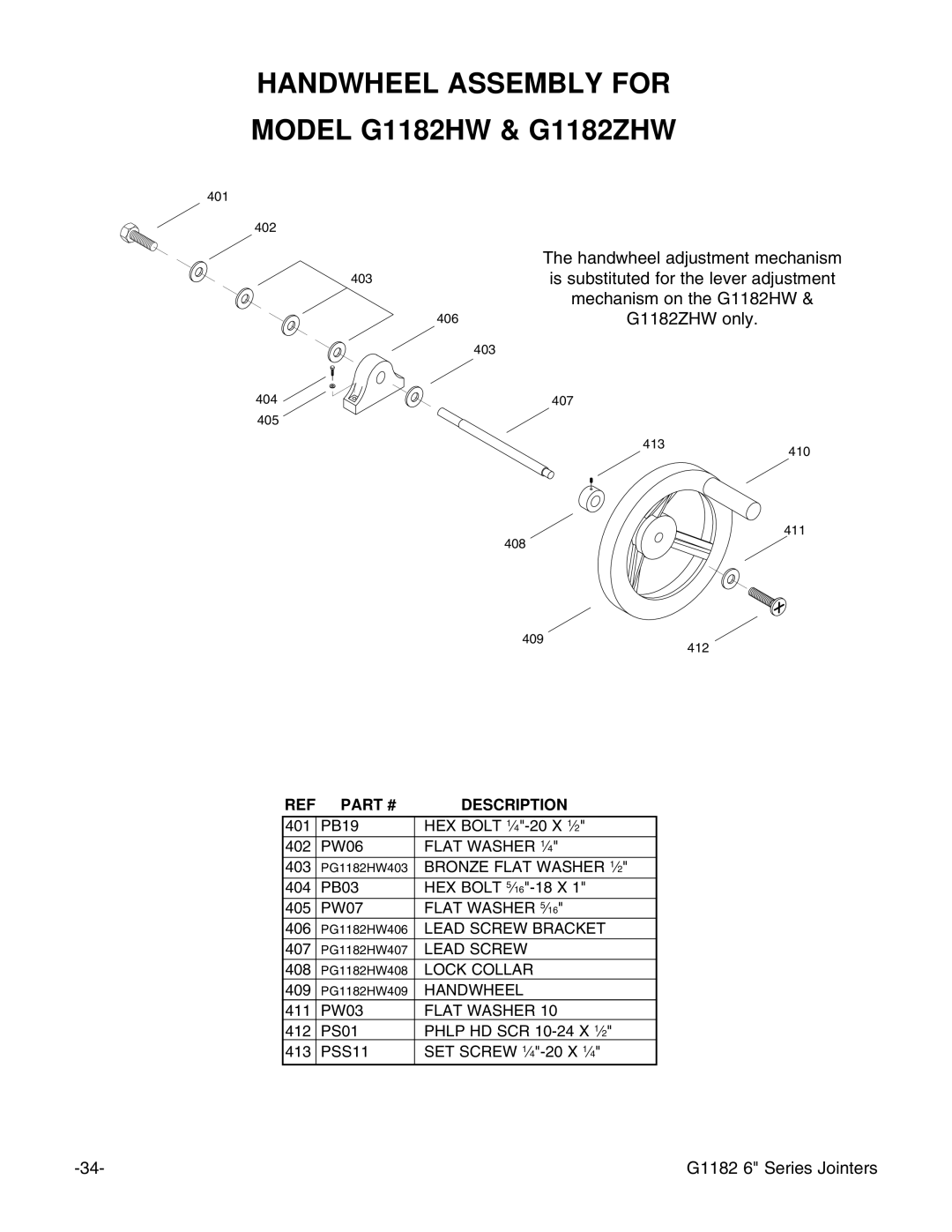 Grizzly G1182ZX instruction manual Handwheel Assembly for, Model G1182HW & G1182ZHW 