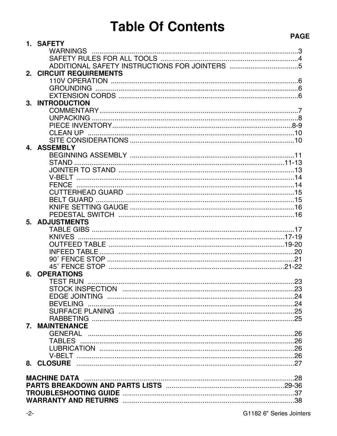 Grizzly G1182ZX, G1182ZHW instruction manual Table Of Contents 