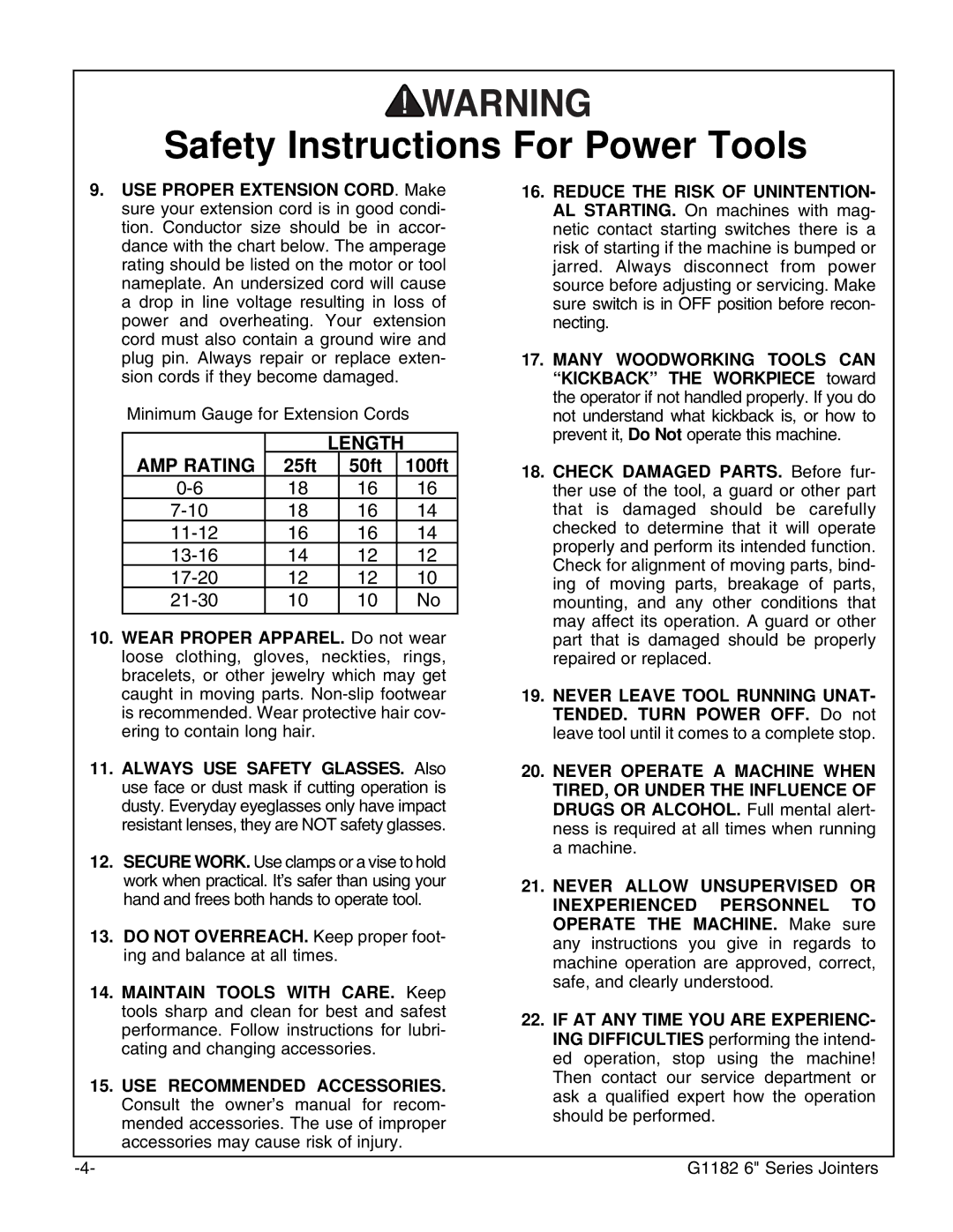 Grizzly G1182ZX, G1182ZHW instruction manual Length AMP Rating 