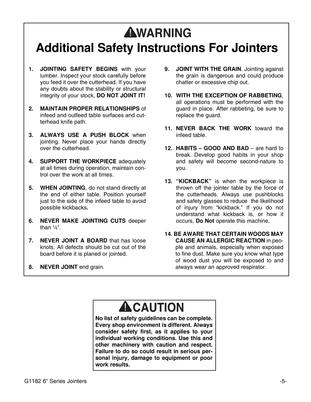 Grizzly G1182ZX, G1182ZHW instruction manual Additional Safety Instructions For Jointers, Never Joint end grain 