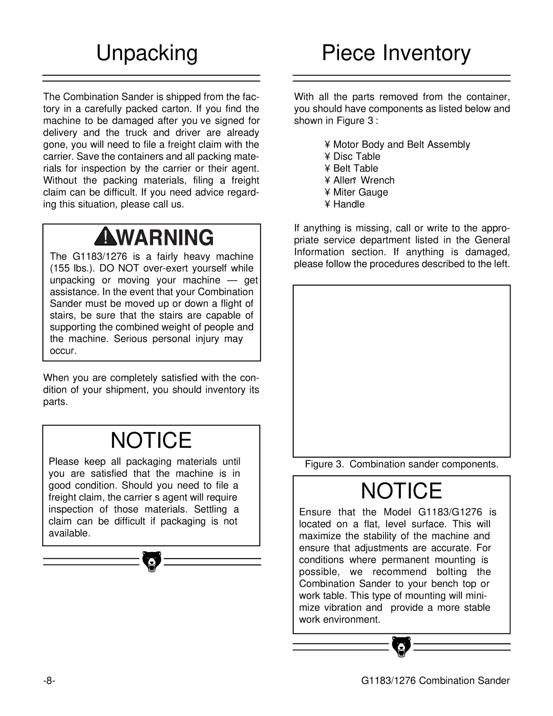 Grizzly G1183, G1276 instruction manual Unpacking, Piece Inventory 