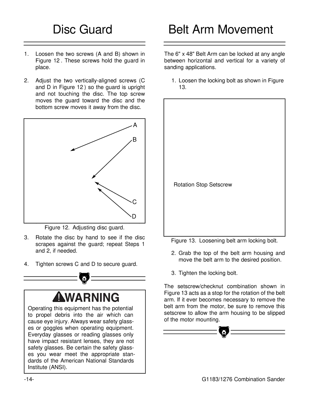 Grizzly G1183, G1276 instruction manual Disc Guard, Belt Arm Movement 