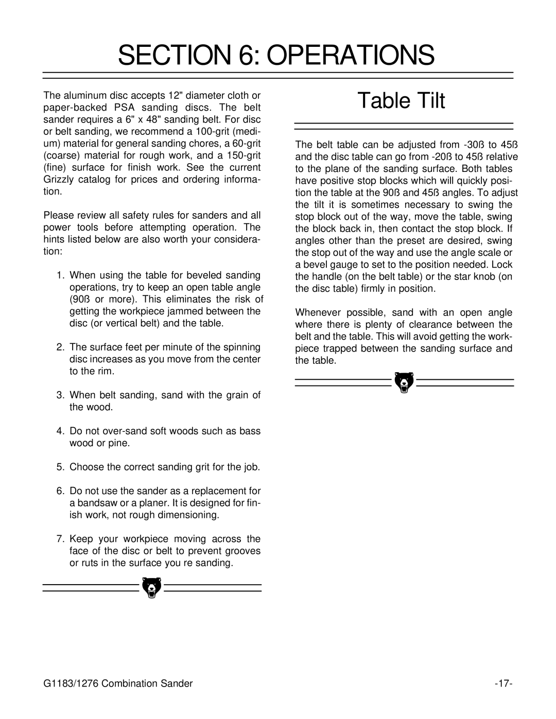 Grizzly G1276, G1183 instruction manual Operations, Table Tilt 