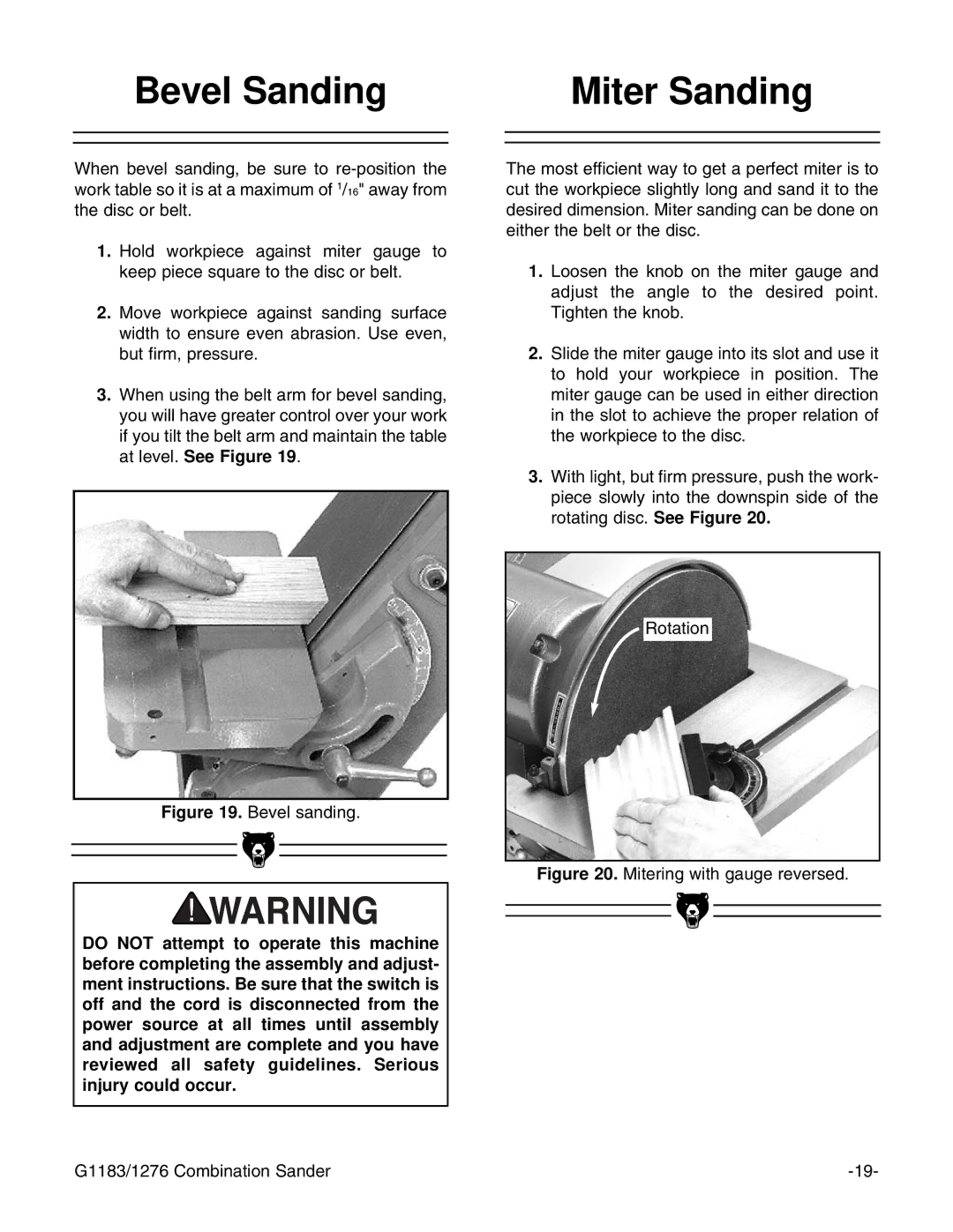 Grizzly G1276, G1183 instruction manual Bevel Sanding Miter Sanding, Bevel sanding 