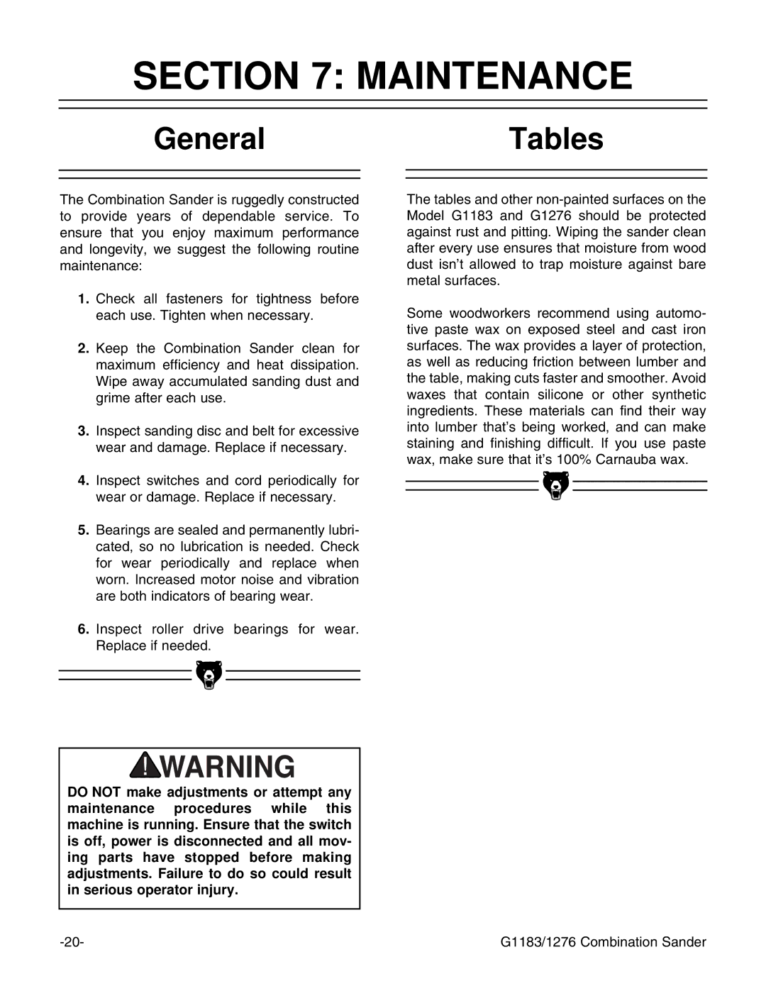 Grizzly G1183, G1276 instruction manual Maintenance, GeneralTables 