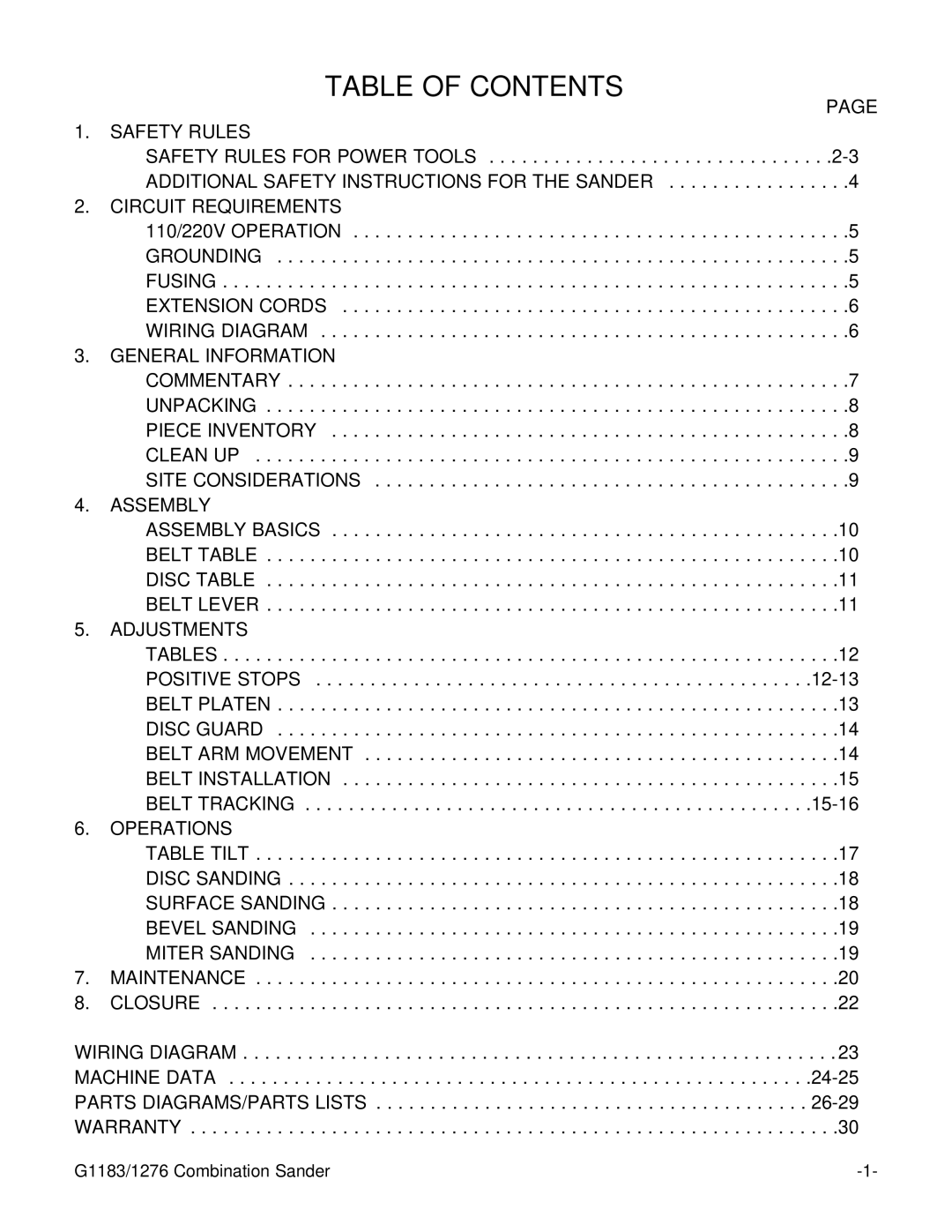 Grizzly G1276, G1183 instruction manual Table of Contents 