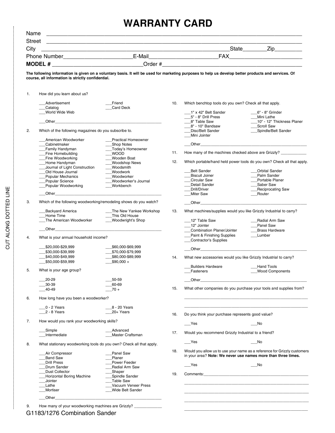 Grizzly G1276, G1183 instruction manual Warranty Card, CUT Along Dotted Line 