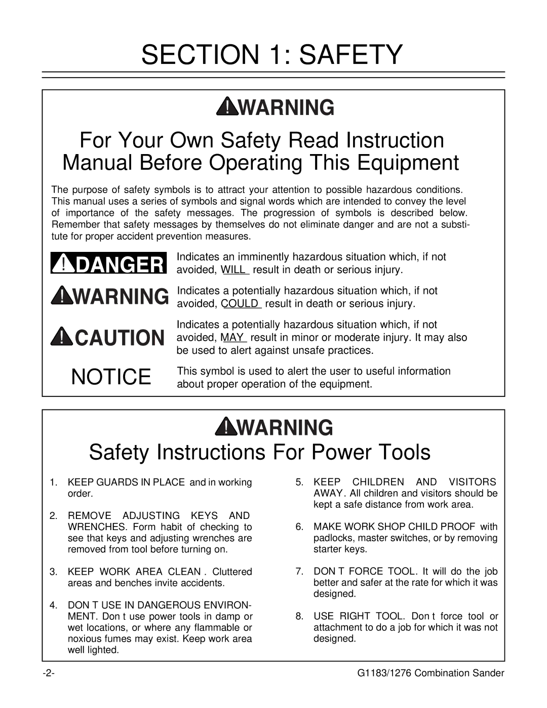 Grizzly G1183, G1276 instruction manual Safety Instructions For Power Tools 