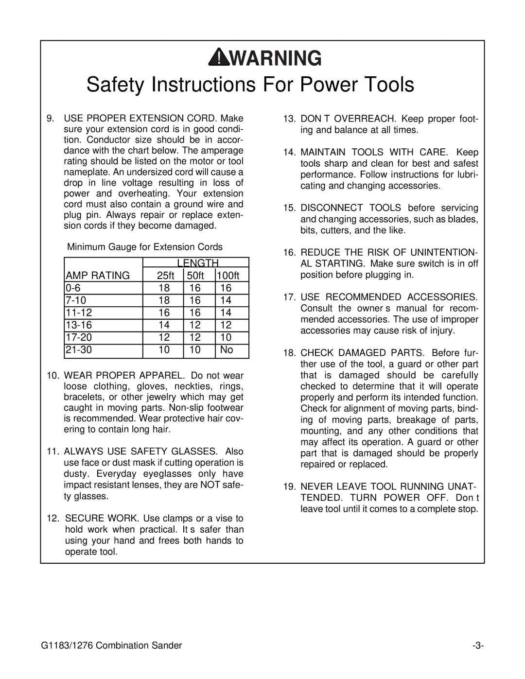 Grizzly G1276, G1183 instruction manual Length AMP Rating 