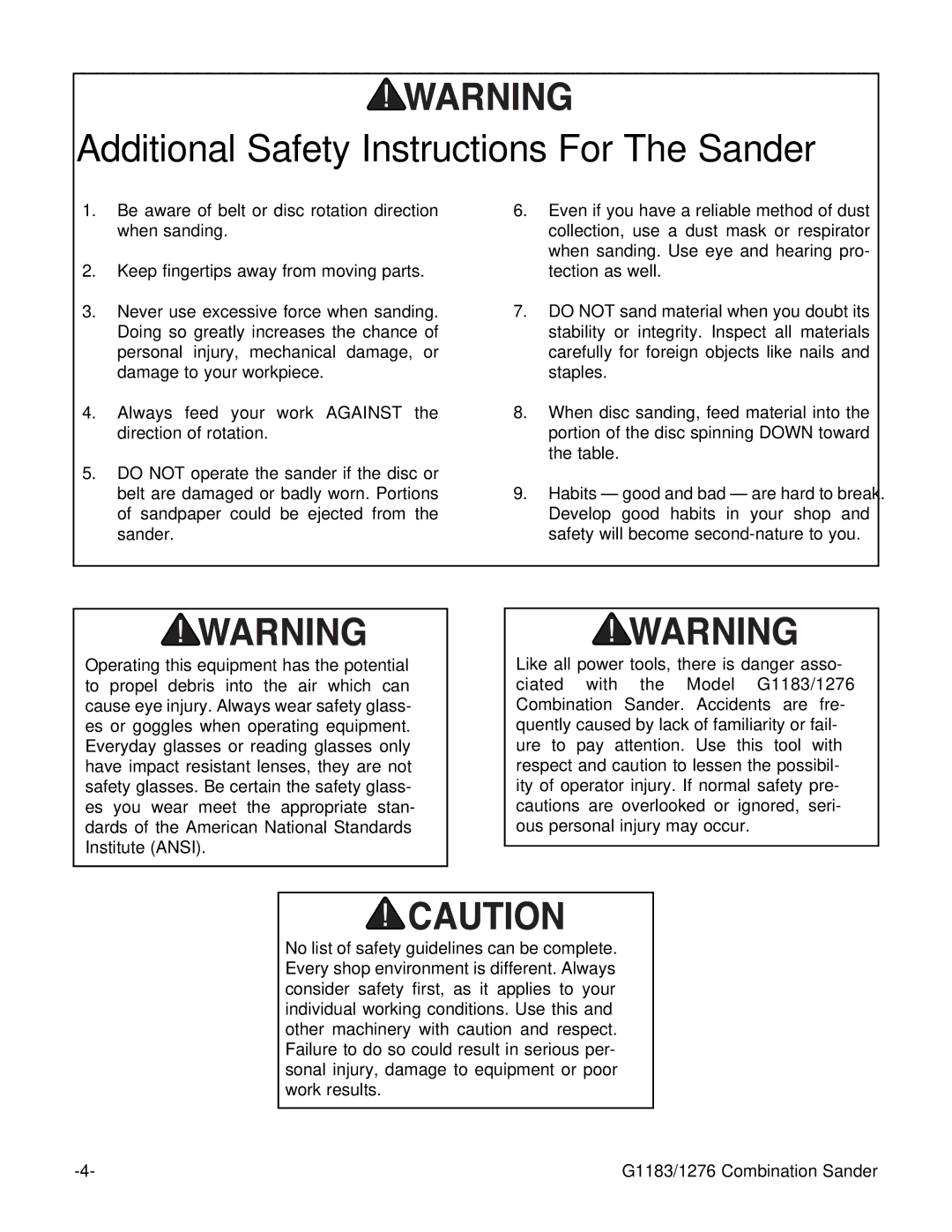 Grizzly G1183, G1276 instruction manual Additional Safety Instructions For The Sander 