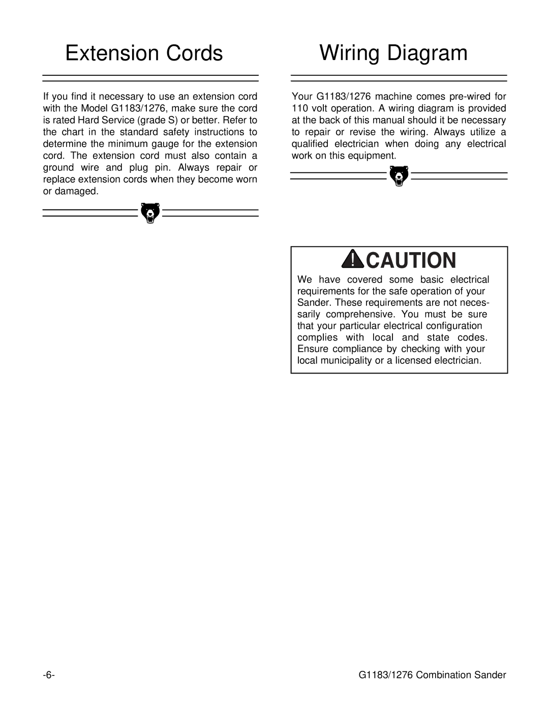 Grizzly G1183, G1276 instruction manual Extension Cords Wiring Diagram 