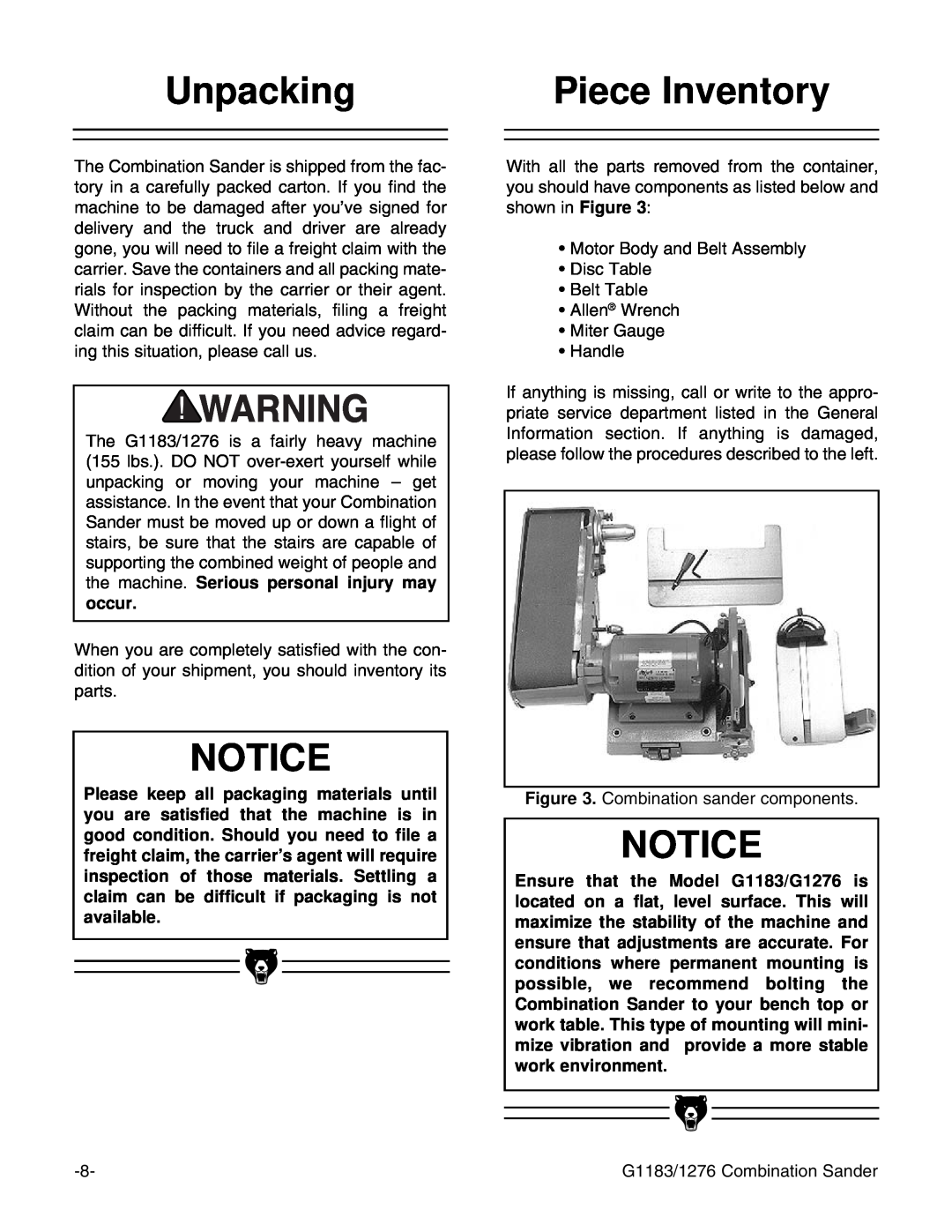 Grizzly G1183, G1276 instruction manual Unpacking, Piece Inventory 