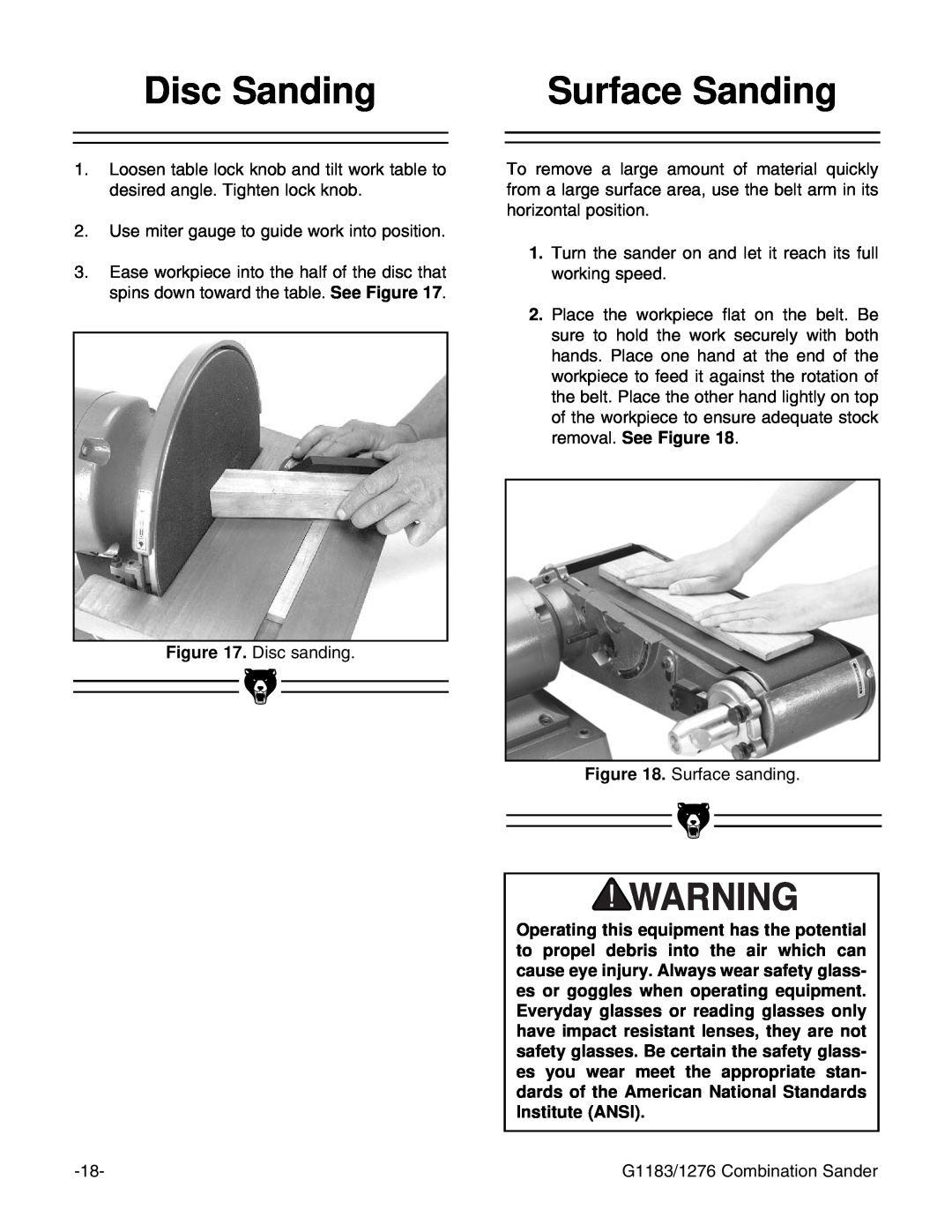 Grizzly G1183, G1276 instruction manual Disc Sanding, Surface Sanding 