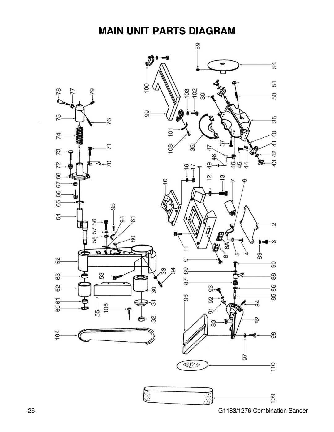 Grizzly G1276 instruction manual Main Unit Parts Diagram, G1183/1276 Combination Sander 