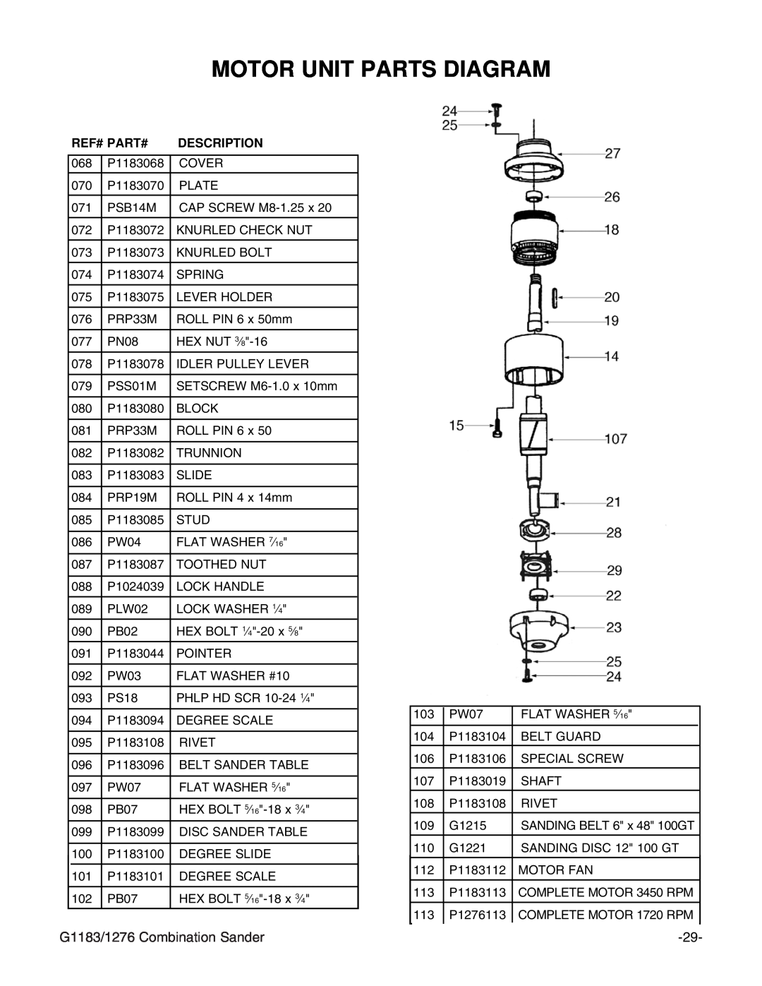 Grizzly G1276 instruction manual Motor Unit Parts Diagram, G1183/1276 Combination Sander, Ref# Part#, Description 