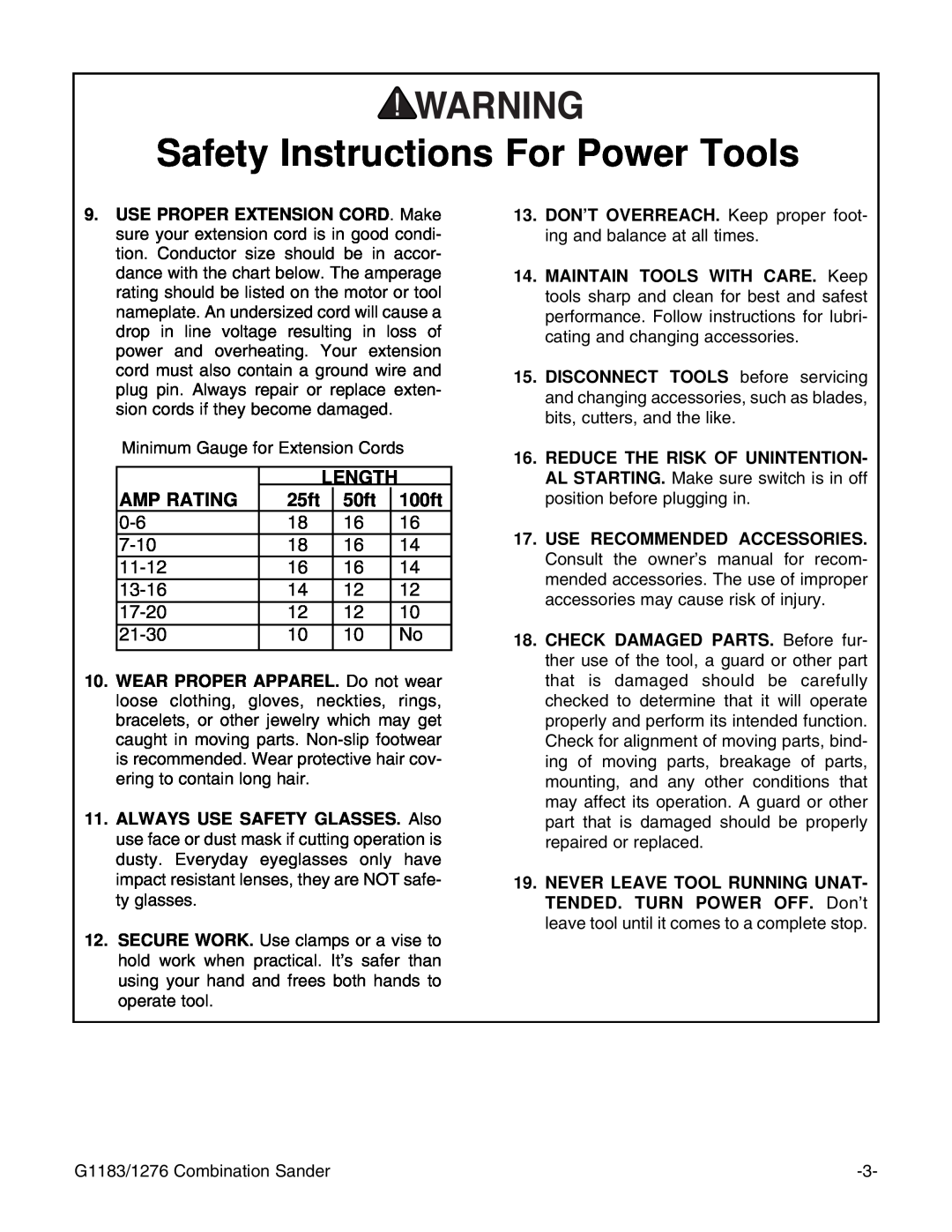 Grizzly G1276, G1183 instruction manual Length, Amp Rating, 25ft, 50ft, 100ft, Safety Instructions For Power Tools 