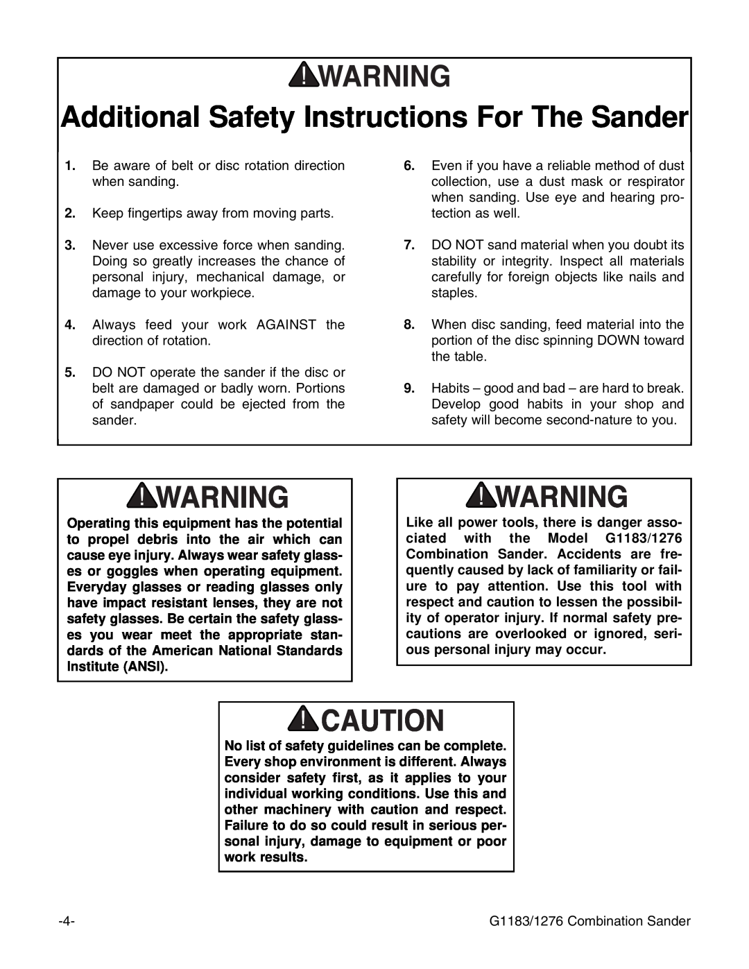 Grizzly G1183, G1276 instruction manual Additional Safety Instructions For The Sander 