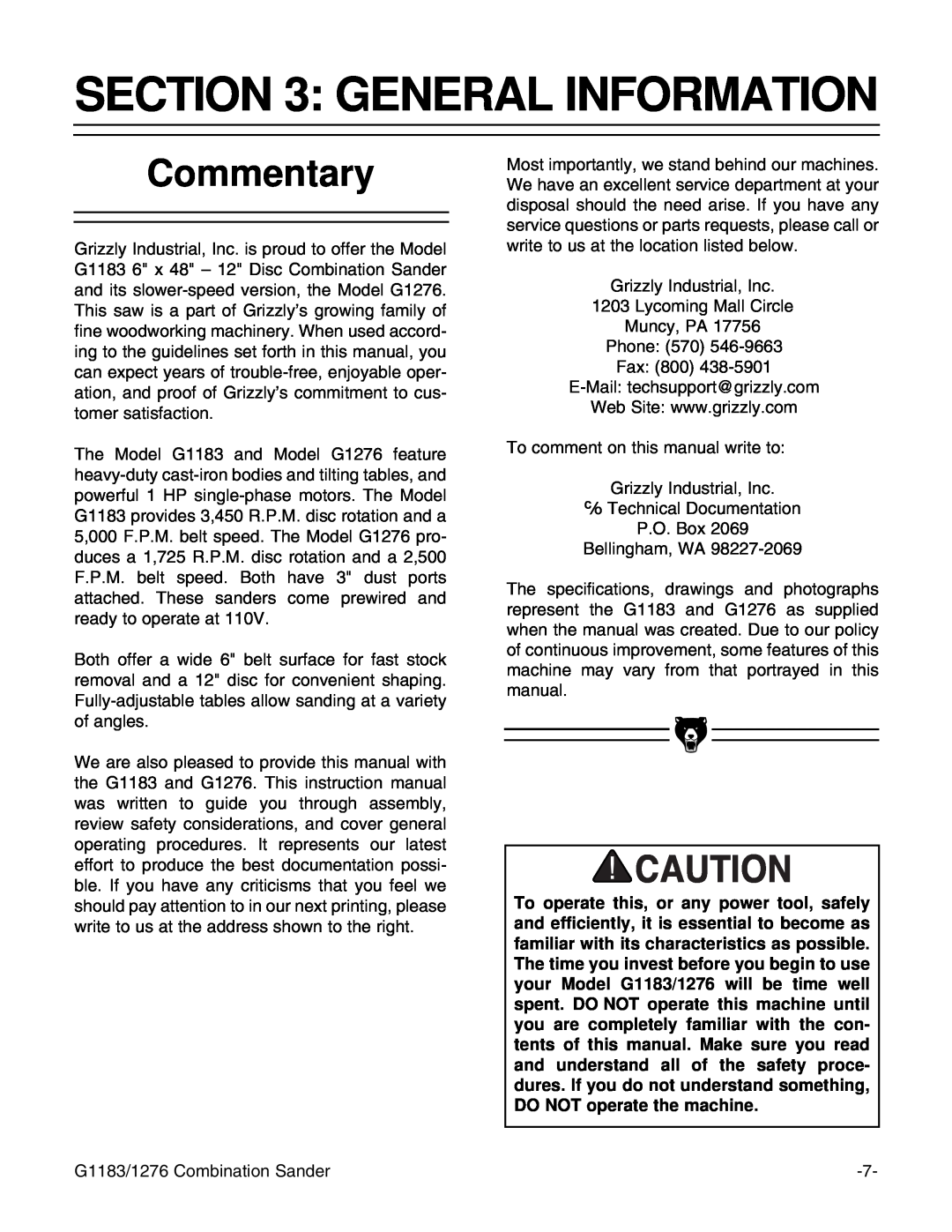 Grizzly G1276, G1183 instruction manual General Information, Commentary 