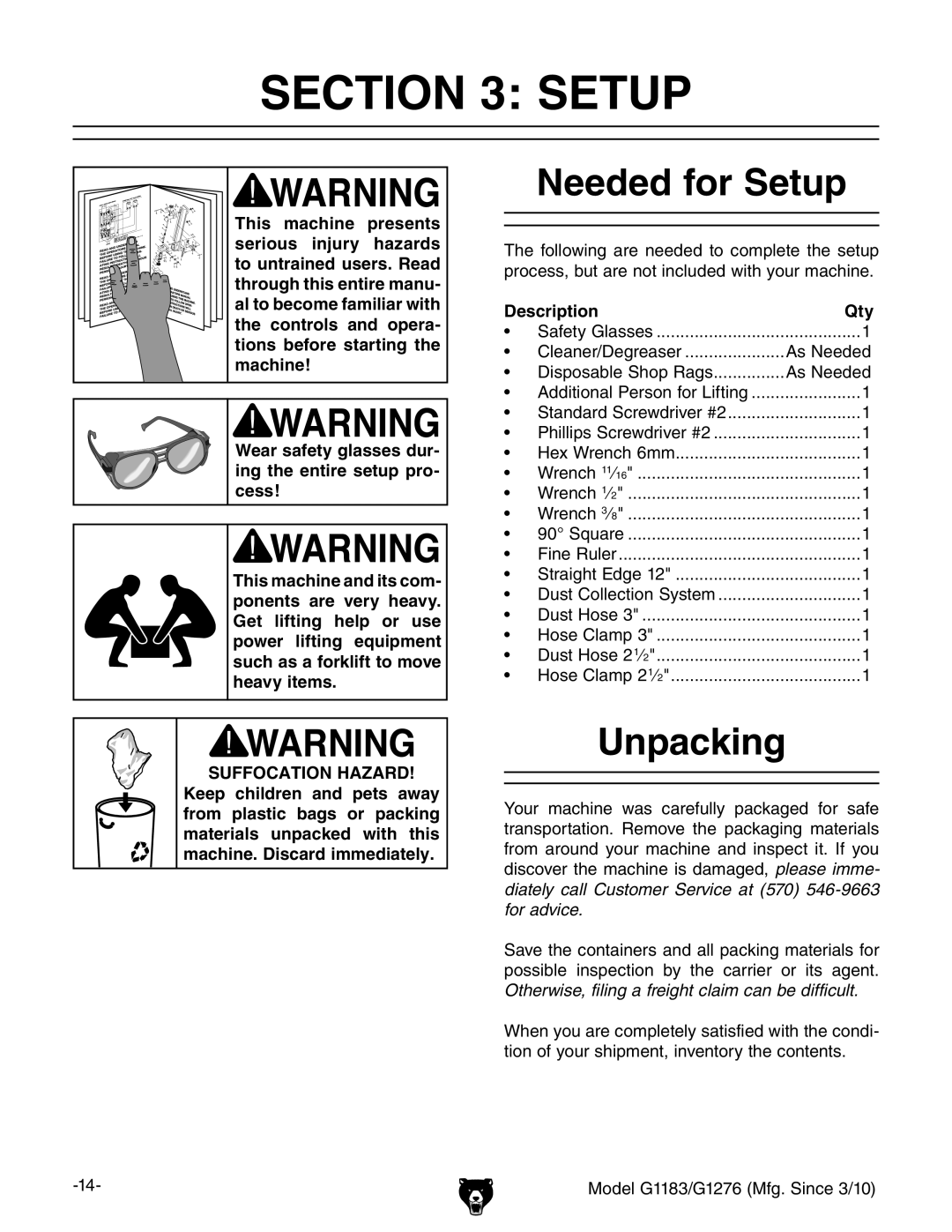 Grizzly G1183 owner manual Needed for Setup, Unpacking, Description Qty 