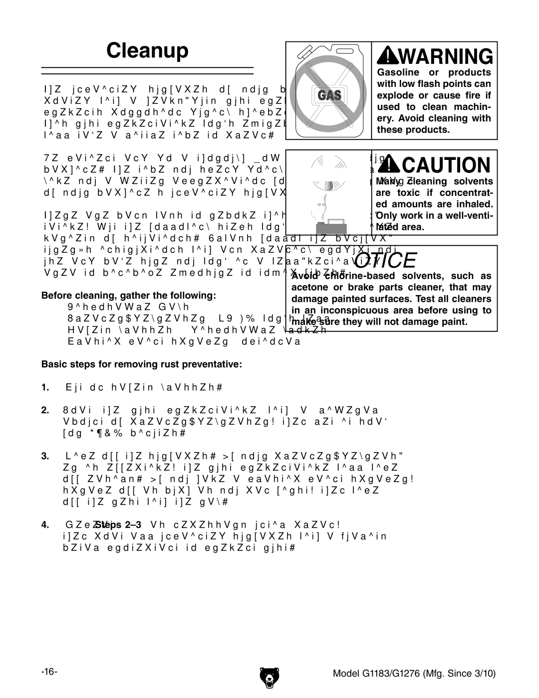 Grizzly G1183 owner manual Cleanup, Before cleaning, gather the following, Basic steps for removing rust preventative 