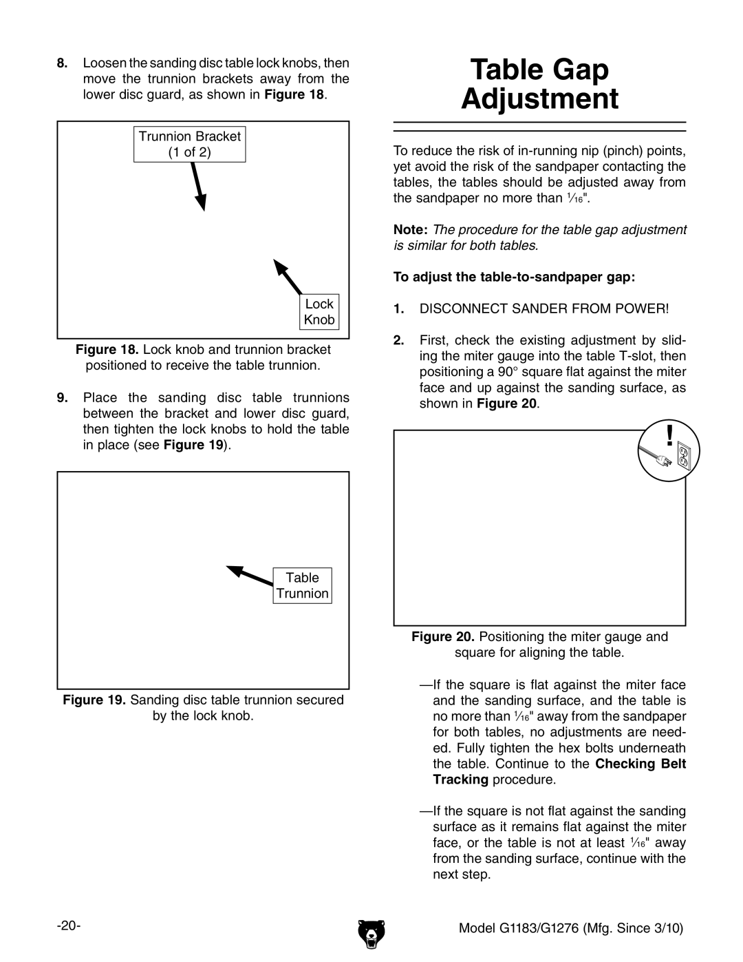 Grizzly G1183 owner manual Table Gap Adjustment, To adjust the table-to-sandpaper gap 