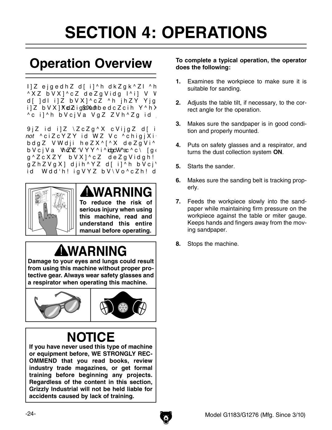 Grizzly G1183 owner manual Operations, Operation Overview 