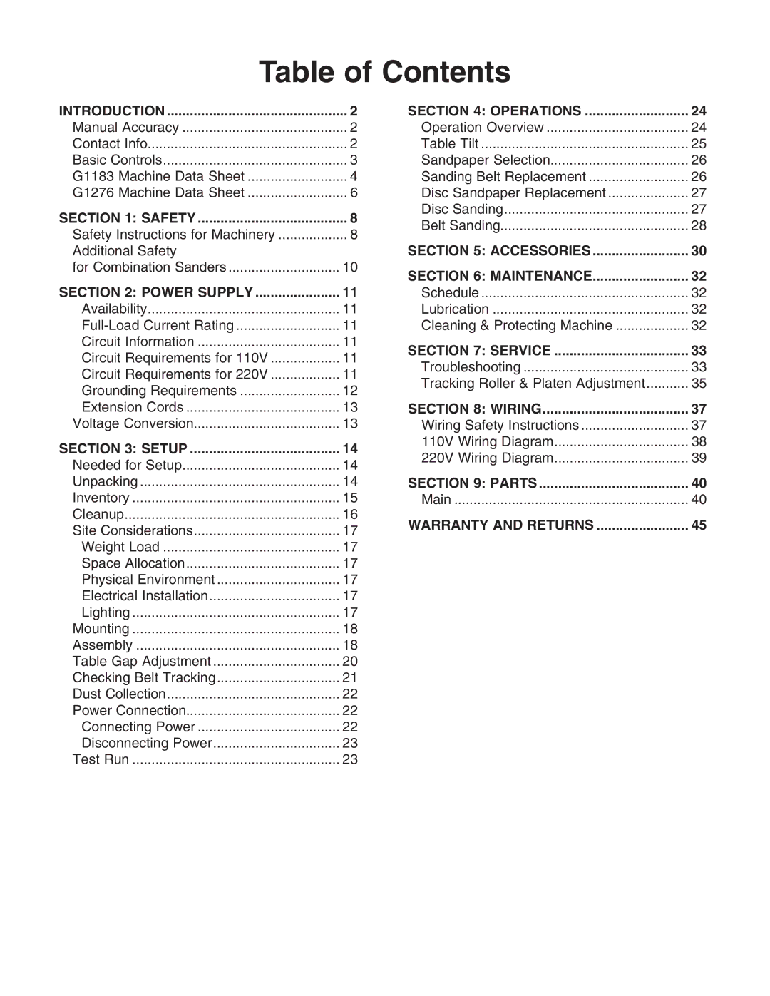 Grizzly G1183 owner manual Table of Contents 