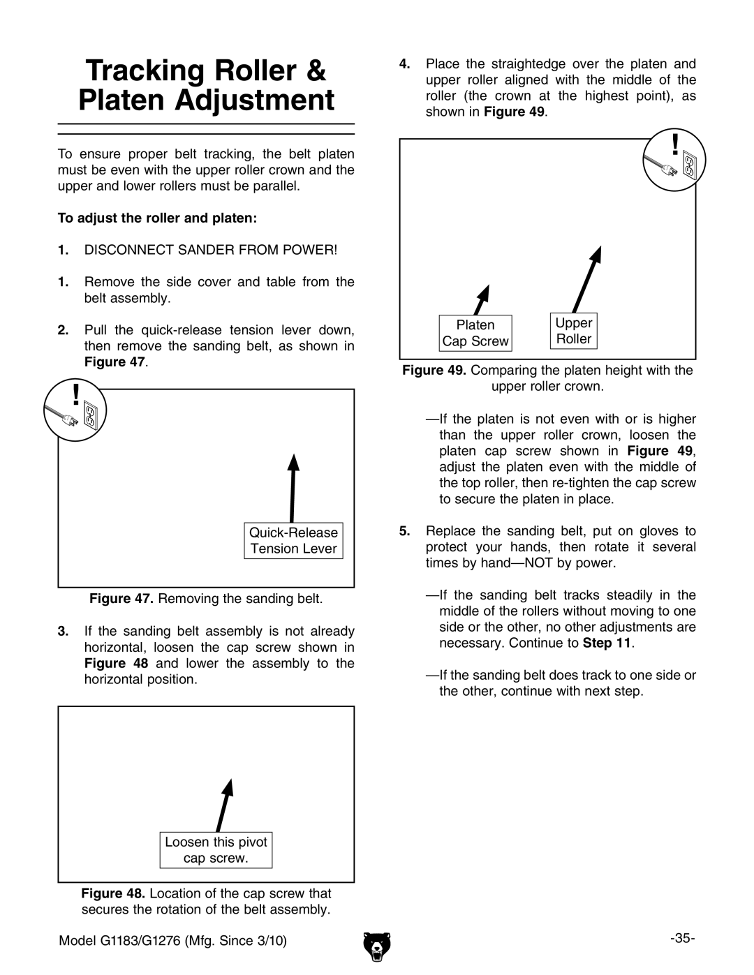 Grizzly G1183 owner manual Tracking Roller & Platen Adjustment, To adjust the roller and platen 