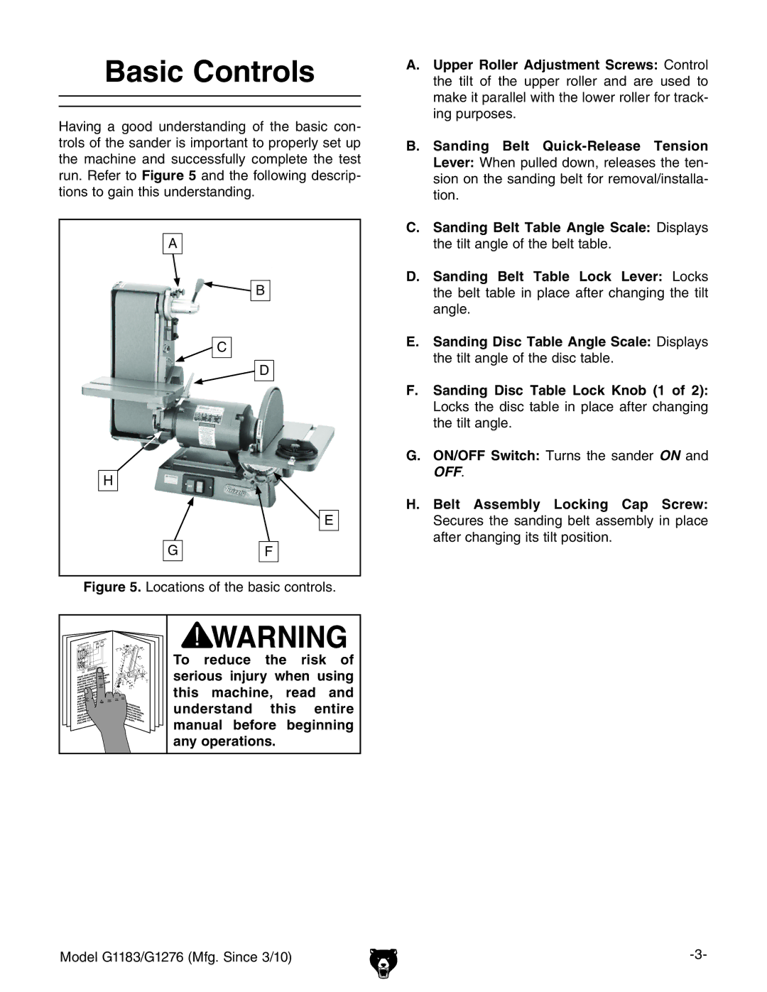 Grizzly G1183 owner manual Basic Controls, Sanding Disc Table Lock Knob 1, Belt Assembly Locking Cap Screw 