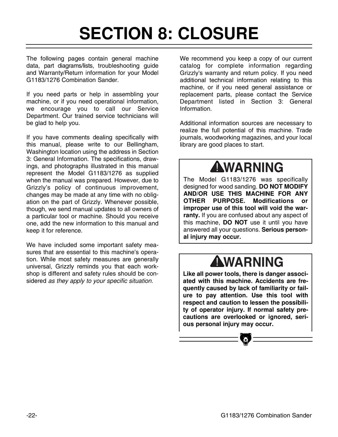 Grizzly G1183/G1276 instruction manual Closure 