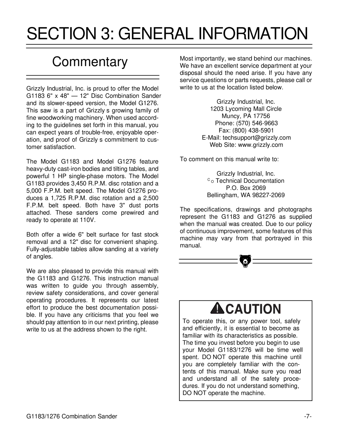 Grizzly G1183/G1276 instruction manual General Information, Commentary 