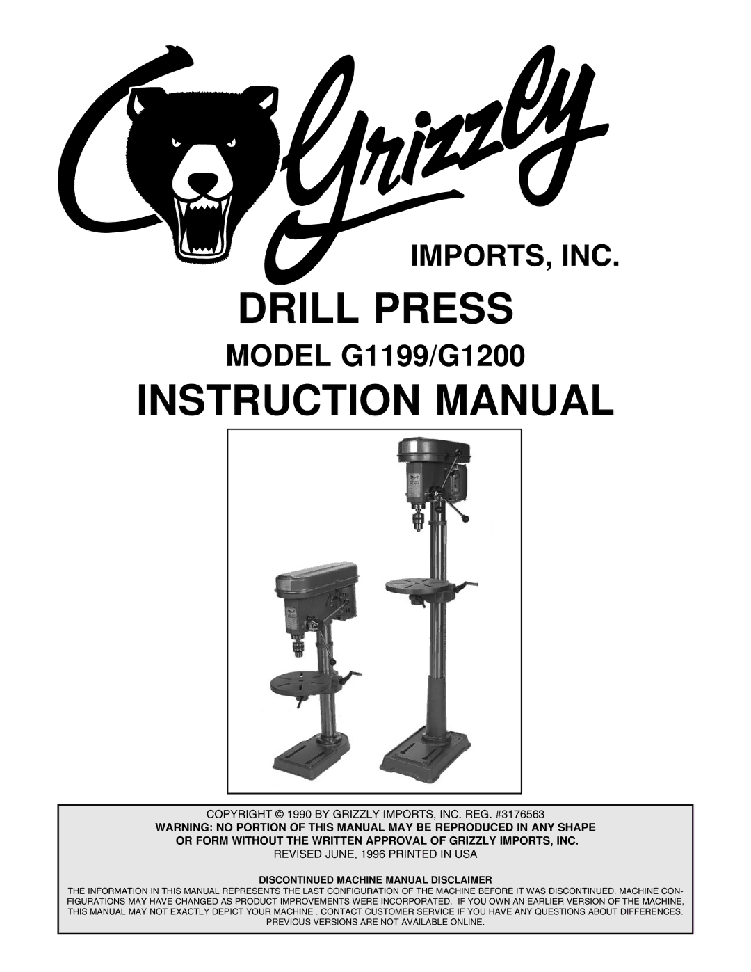 Grizzly instruction manual Drill Press, Model G1199/G1200 