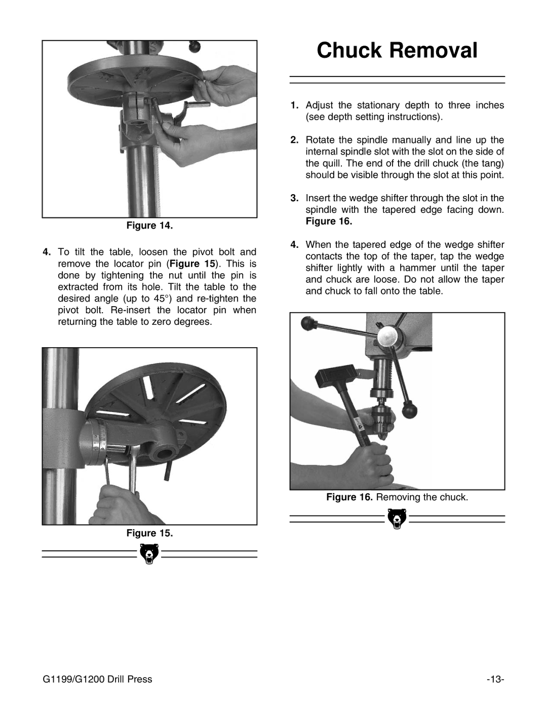 Grizzly instruction manual Chuck Removal, Removing the chuck G1199/G1200 Drill Press 